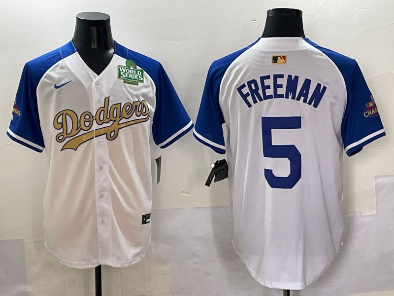 Men Los Angeles Dodgers #5 Freeman White Blue Champion gold character Nike 2025 MLB Jersey style 5054->los angeles dodgers->MLB Jersey